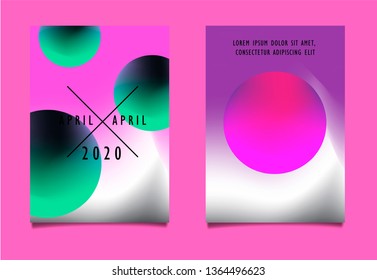 Set of minimal abstract fluid posters in vaporwave/ synthwave/ retrowave style aesthetic, vector background with 3d spheres and neon gradient duotone background.