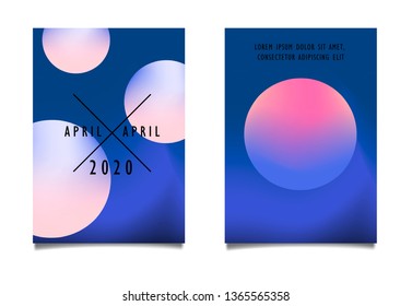 Set of minimal abstract fluid posters in vaporwave/ synthwave/ retrowave style aesthetic, vector background with 3d spheres and neon gradient duotone background.