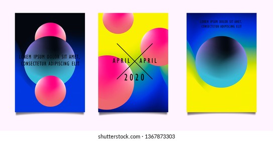 Set of minimal abstract fluid posters in vaporwave/ synthwave/ retrowave style aesthetic, vector background with 3d spheres and neon gradient duotone background.
