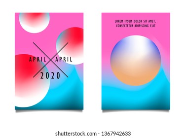 Set of minimal abstract fluid posters in vaporwave/ synthwave/ retrowave style aesthetic, vector background with 3d spheres and neon gradient duotone background.