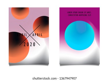 Set of minimal abstract fluid posters in vaporwave/ synthwave/ retrowave style aesthetic, vector background with 3d spheres and neon gradient duotone background.