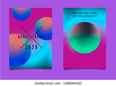 Set of minimal abstract fluid posters in vaporwave/ synthwave/ retrowave style aesthetic, vector background with 3d spheres and neon gradient duotone background.