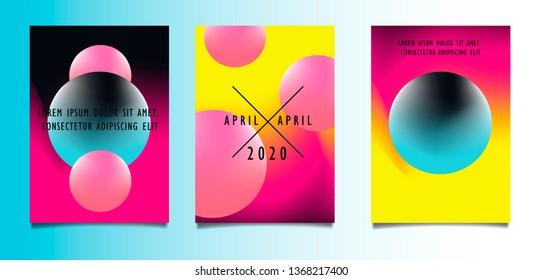 Set of minimal abstract fluid posters in vaporwave/ synthwave/ retrowave style aesthetic, vector background with 3d spheres and neon gradient duotone background.