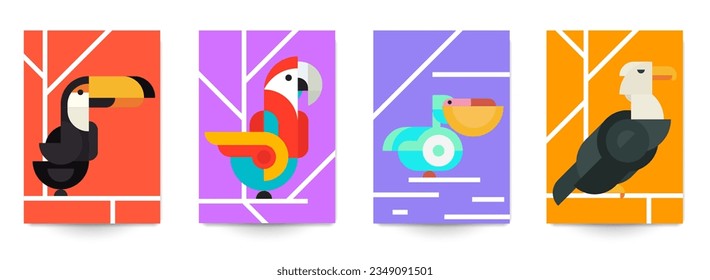 Conjunto de fondo geométrico abstracto mínimo con aves. Toucan, loro, pelícano, águila. Composición creativa moderna para banner, portada, afiche, tarjeta. Ilustración vintage brillante vectorial.