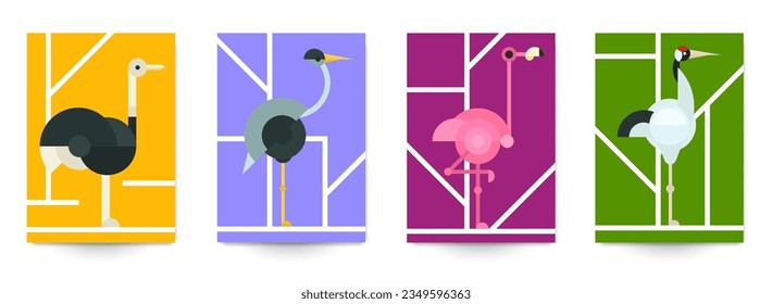 Set of minimal abstract geometric background with birds. Ostrich, flamingo, heron, crane. Creative modern composition for banner, cover, poster, card. Vector bright vintage illustration.