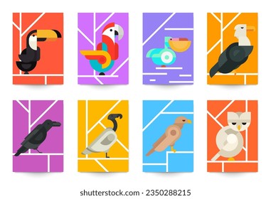 Set of minimal abstract geometric background with birds. Creative modern composition for banner, cover, poster, card. Vector bright vintage illustration.