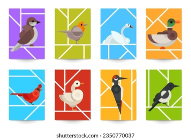Set of minimal abstract geometric background with birds. Creative modern composition for banner, cover, poster, card. Vector bright vintage illustration.