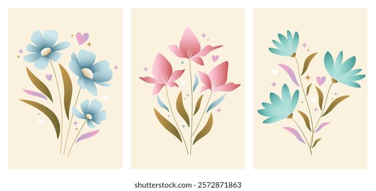 Set of minimal abstract gradient floral posters with stars, heart, line elements. Design for wallpaper, wall decor, card, print, social media. Hand drawn elegant style. Vector illustration collection.