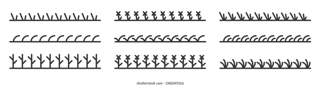 Set of minimal abstract grass linear icons. Grass icons set in thin line style. Isolated outline grass icons. Black vector illustration