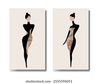 Set of minimal abstract posters, female figures, elegant women, vector illustration