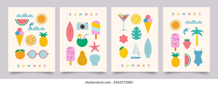 Set von minimalen abstrakten Sommer-Poster.  Ananas, Fotokamera, Yacht, Sonne, Eis, Badeanzug, tropische Früchte. Sommerferien, Reise, Urlaub Illustrationen. Vorlage für Banner, Deckel, Karton.