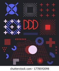 Set of minimal abstract universal geometric elements and shapes for design. Modern neo-memphis composition of simple bold forms on dark background. Vector illustration.