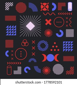 Set of minimal abstract universal geometric elements and shapes for design. Modern neo-memphis composition of simple bold forms on dark background. Vector illustration.