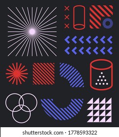 Set of minimal abstract universal geometric elements and shapes for design. Modern neo-memphis composition of simple bold forms on dark background. Vector illustration.