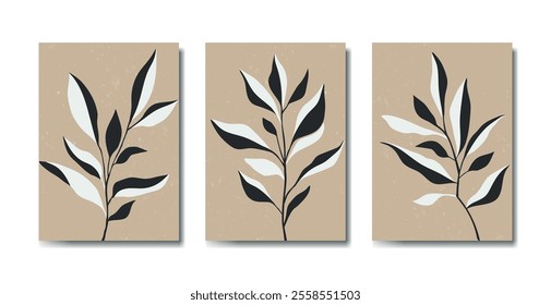 Set of minimal abstract vintage floral black and white posters in Henri Matisse style, vector illustration