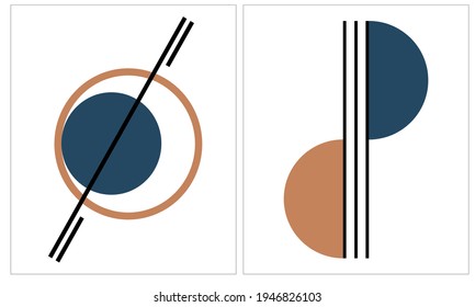 A set of minimal abstract visual artwork design illustration.  modern vector wall decoration style with blue orange color. Geometry composition with circle square and triangle shape.