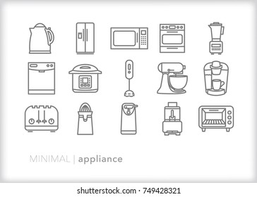 Set Of Minimal Appliance Line Icons Of Cooking And Prep Items Found In Kitchens Including Mixer, Toaster, Juicer, Can Opener, Food Processor, Electric Kettle, Microwave, Stove, Fridge, Oven, Blender