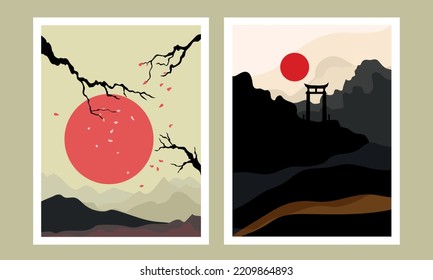 Set of minimal Asian landscape with blooming sakura, mountains, big hill. red sun, arhitecture, and torii.Vector background.
