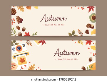 Set of minimal autumn foliage banners in flat design, applicable to web headers and sale promotion