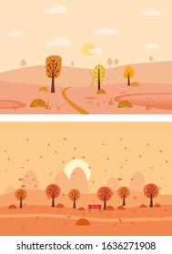 Set Minimal Autumn landscapes panorama of Countryside landscape. Yellow trees foliage, mountains, hills, road. Vector illustration minimal trendy style isolated