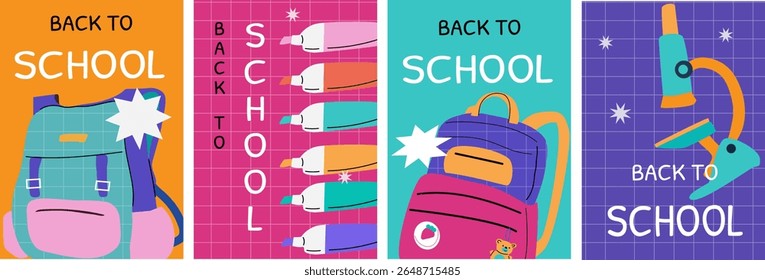Set of minimal back to school posters. Trendy y2k design with school supplies, backpacks and learning elements. Ideal for social media, banners, flyers and more.