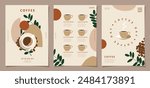 Set of minimal background templates with coffee beans and coffee mug for invitations, cards, banner, brochure, poster, cover, cafe menu or another design. Vector illustration.