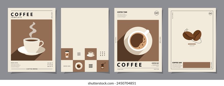 Conjunto de Plantillas de fondo mínimas con granos de café y taza de café para invitaciones, tarjetas, Anuncio, folleto, póster, portada, menú de café u otro diseño. Ilustración vectorial.