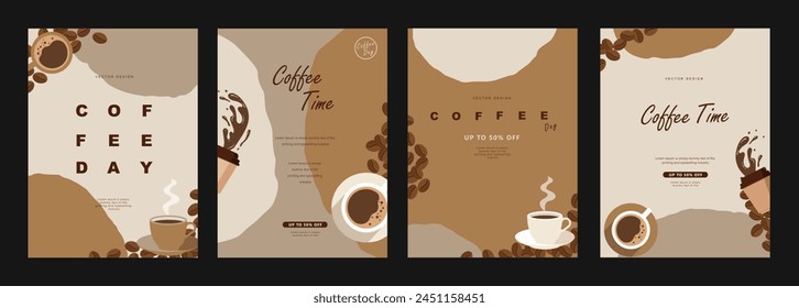 Set of minimal background templates with coffee beans and coffee mug for invitations, cards, banner, brochure, poster, cover, cafe menu or another design. Vector illustration.