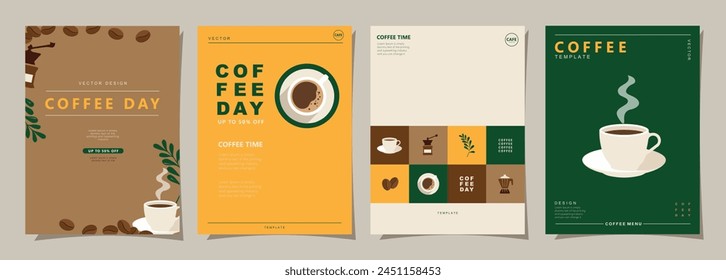 Set of minimal background templates with coffee beans and coffee mug for invitations, cards, banner, brochure, poster, cover, cafe menu or another design. Vector illustration.