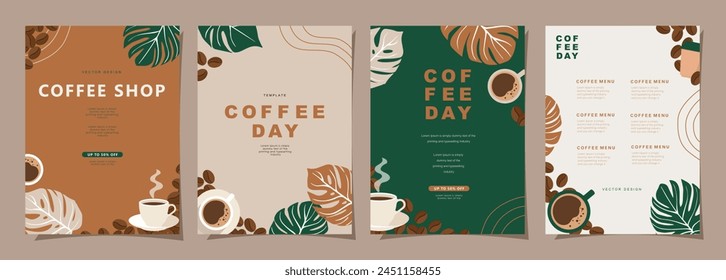 Set of minimal background templates with coffee beans and coffee mug for invitations, cards, banner, brochure, poster, cover, cafe menu or another design. Vector illustration.