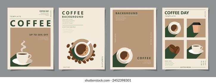 Set of minimal background templates with coffee beans and coffee mug for invitations, cards, banner, brochure, poster, cover, cafe menu or another design. Vector illustration.