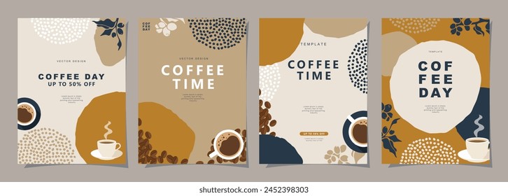 Set of minimal background templates with coffee beans and coffee mug for invitations, cards, banner, brochure, poster, cover, cafe menu or another design. Vector illustration.