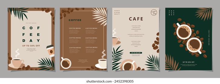 Set of minimal background templates with coffee beans and coffee mug for invitations, cards, banner, brochure, poster, cover, cafe menu or another design. Vector illustration.