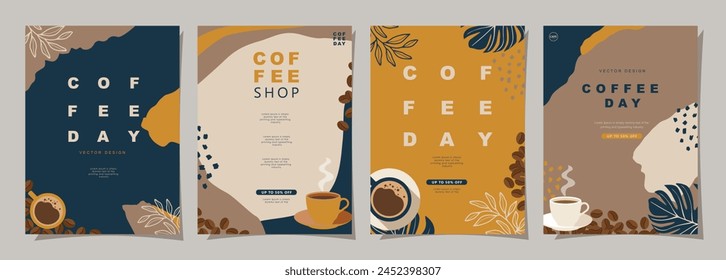 Set of minimal background templates with coffee beans and coffee mug for invitations, cards, banner, brochure, poster, cover, cafe menu or another design. Vector illustration.