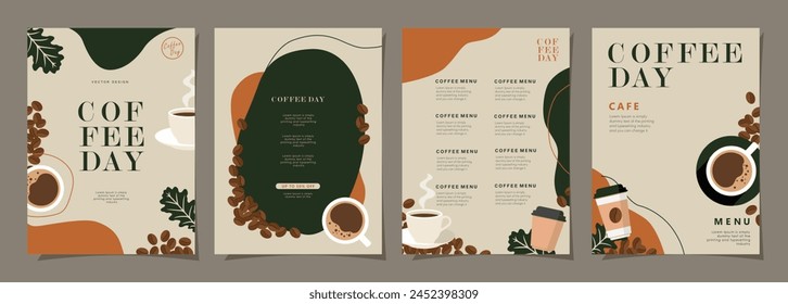 Set of minimal background templates with coffee beans and coffee mug for invitations, cards, banner, brochure, poster, cover, cafe menu or another design. Vector illustration.