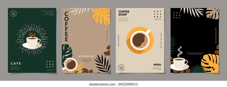 Set of minimal background templates with coffee beans and coffee mug for invitations, cards, banner, brochure, poster, cover, cafe menu or another design. Vector illustration.