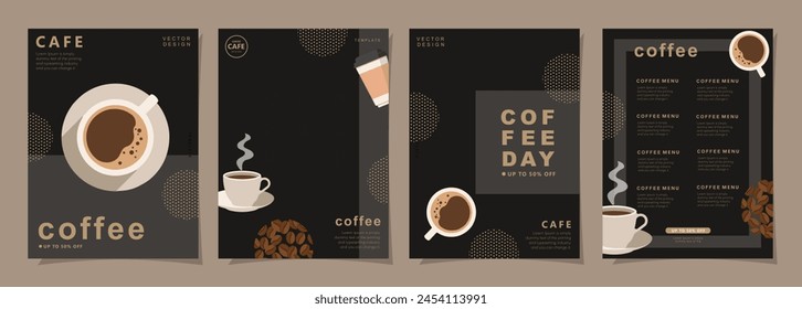  Set of minimal background templates with coffee beans and coffee mug for invitations, cards, banner, brochure, poster, cover, cafe menu or another design. 