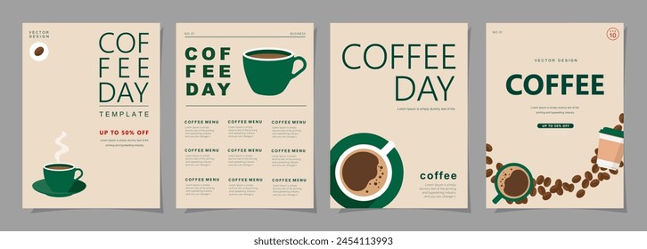  Set of minimal background templates with coffee beans and coffee mug for invitations, cards, banner, brochure, poster, cover, cafe menu or another design. 