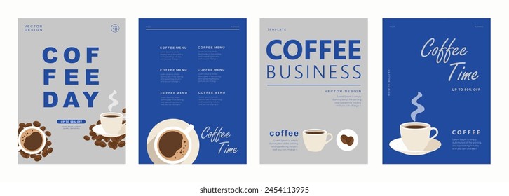  Set of minimal background templates with coffee beans and coffee mug for invitations, cards, banner, brochure, poster, cover, cafe menu or another design. 