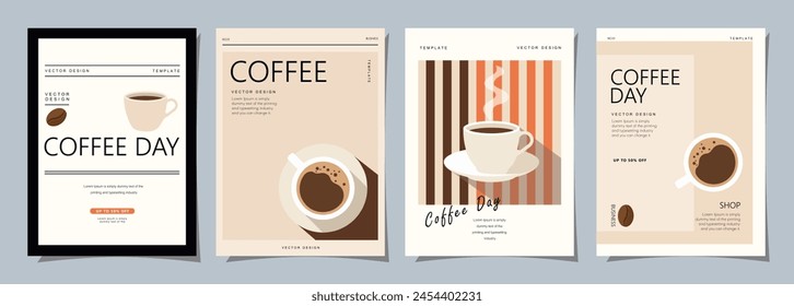 Conjunto de Plantillas de fondo mínimas con granos de café y taza de café para invitaciones, tarjetas, Anuncio, folleto, póster, portada, menú de café u otro diseño.