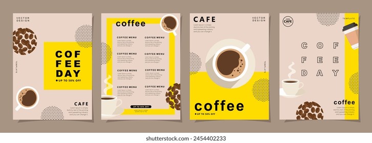 Set of minimal background templates with coffee beans and coffee mug for invitations, cards, banner, brochure, poster, cover, cafe menu or another design.