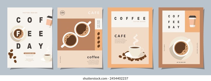 Conjunto de Plantillas de fondo mínimas con granos de café y taza de café para invitaciones, tarjetas, Anuncio, folleto, póster, portada, menú de café u otro diseño.