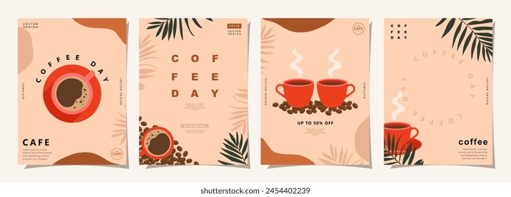 Set of minimal background templates with coffee beans and coffee mug for invitations, cards, banner, brochure, poster, cover, cafe menu or another design.