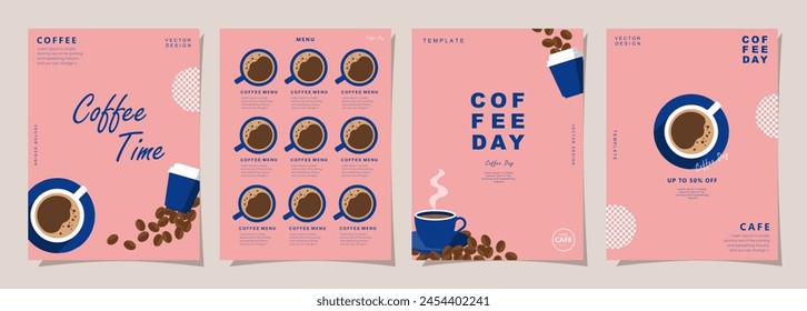 Set of minimal background templates with coffee beans and coffee mug for invitations, cards, banner, brochure, poster, cover, cafe menu or another design.