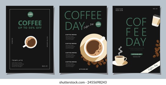 Set of minimal background templates with coffee beans and coffee mug for invitations, cards, banner, brochure, poster, cover, cafe menu or another design.