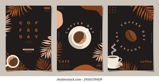 Set of minimal background templates with coffee beans and coffee mug for invitations, cards, banner, brochure, poster, cover, cafe menu or another design.