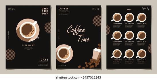 Set of minimal background templates with coffee beans and coffee mug for invitations, cards, banner, brochure, poster, cover, cafe menu or another design.