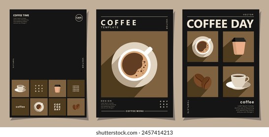 Set of minimal background templates with coffee beans and coffee mug for invitations, cards, banner, brochure, poster, cover, cafe menu or another design.