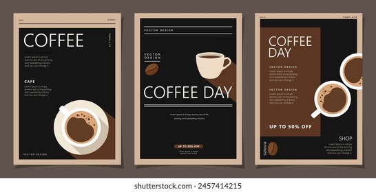 Set of minimal background templates with coffee beans and coffee mug for invitations, cards, banner, brochure, poster, cover, cafe menu or another design.