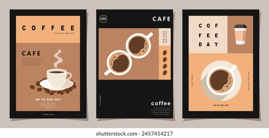 Set of minimal background templates with coffee beans and coffee mug for invitations, cards, banner, brochure, poster, cover, cafe menu or another design.